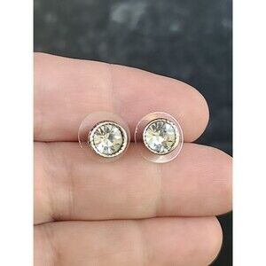 Clear Rhinestone Circular Silver Tone Metal Stud Earrings Vintage
